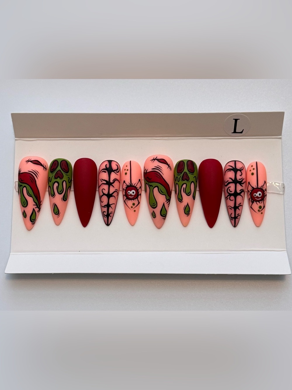 Hand-Painted Pink & Red Halloween Press-On Nail Set with Green Accents
